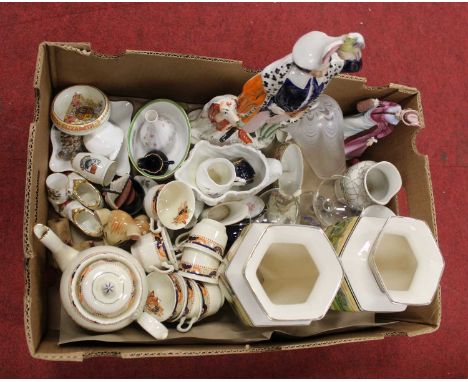 A box of miscellaneous items, to include a large Staffordshire figure, various vases, a part Canberra tea service, Clifton, W