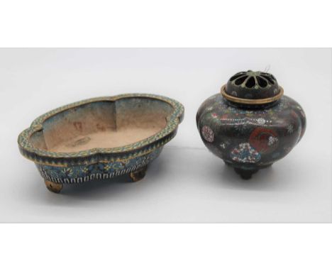 A Chinese cloisonne pot pourri, of compressed melon form with pierced domed cover, enamel decorated with flowers and butterfl