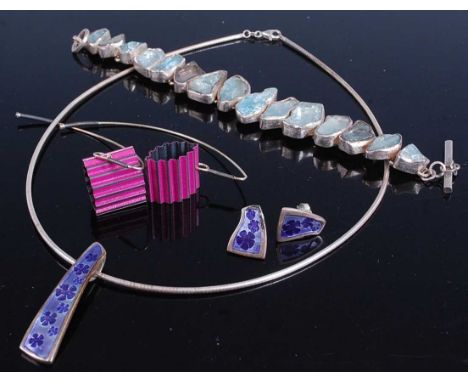 Costume jewellery comprising modern silver necklet with enamel pendant and matching ear studs, bracelet, pair of Arts &amp; C
