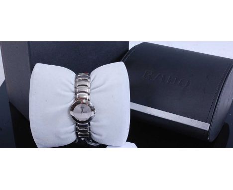 A ladies Rado steel cased fashion watch in leather case with box and papers
