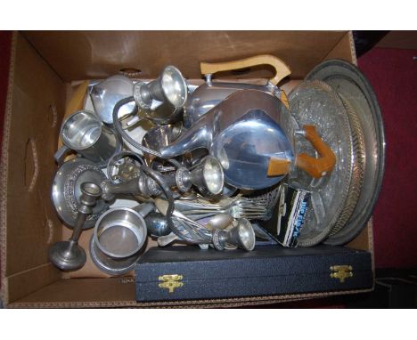 A box of miscellaneous items to include piquet ware four-piece tea and coffee service on tray, plated candelabra, loose flatw