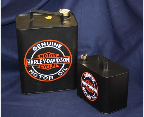 A reproduction Harley Davidson Motorcycles motor oil canister, h.33cm; together with one other smaller (2)