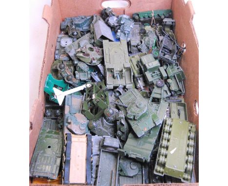 A box of diecast models of military vehicles to include Dinky