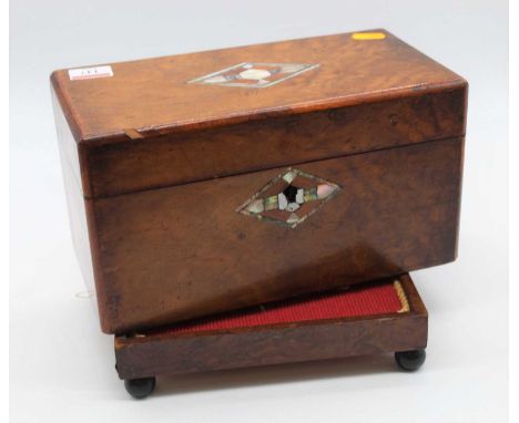 A Victorian walnut and mother of pearl inlaid twin compartment tea caddy together with a Victorian walnut and beadwork uphols