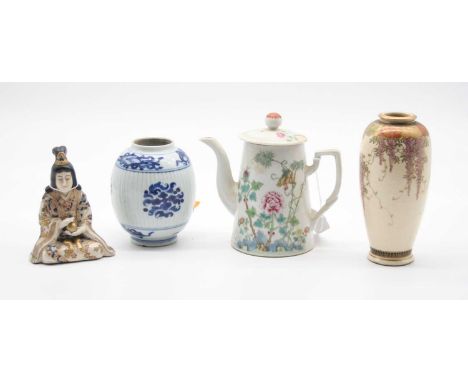 A Japanese satsuma vase, of ovoid form, h.15cm; together with a Japanese satsuma figure; a Chinese enamel painted teapot; and
