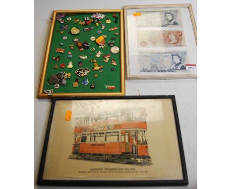 A collection of lapel and pin badges, to include Harley Davidson and Winnie the Pooh examples; together with two framed Bank 