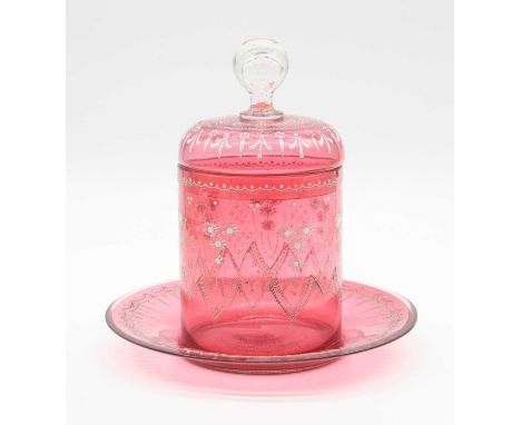 A 19th century enamel decorated rose glass jar and cover on stand, h.21cm