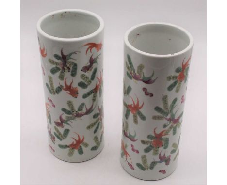 A pair of early 20th century Chinese cylinder vases, each enamel decorated with goldfish, height 28cm