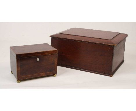A George III cross banded mahogany and box wood strung tea caddy, 17cm wide, together with another mahogany box 32cm wide