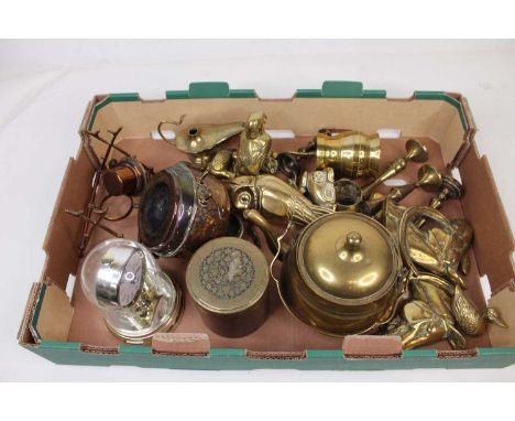 A box of miscellaneous items to include brass kettle, anniversary clock, brass wall ornaments etc