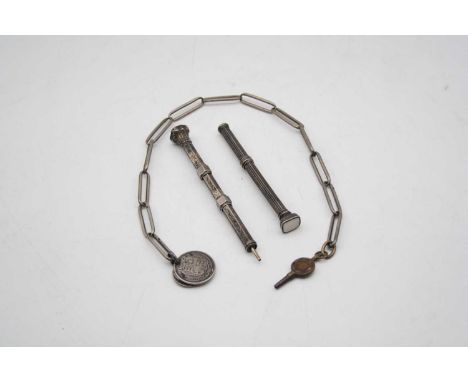 A Victorian white metal propelling pencil, having floral engraved decoration and inset bloodstone terminal; together with ano