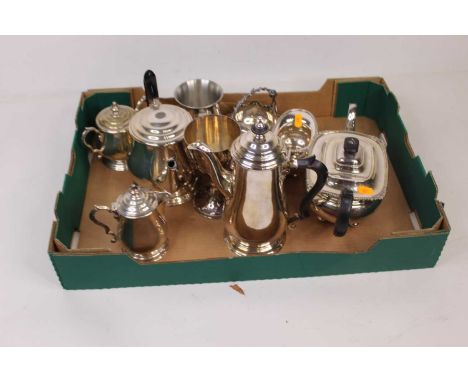 A box of miscellaneous silver plate to include a three-piece tea service, coffee service, tankard, etc