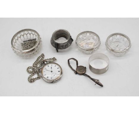 An early 20th century silver cased open faced pocket watch having an enamel dial with Roman numerals and subsidiary seconds d