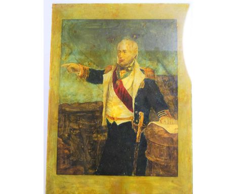 A 19th cenutry glass plate, reverse painted and printed with a three-quarter length portrait of Napoleon; together with a fur