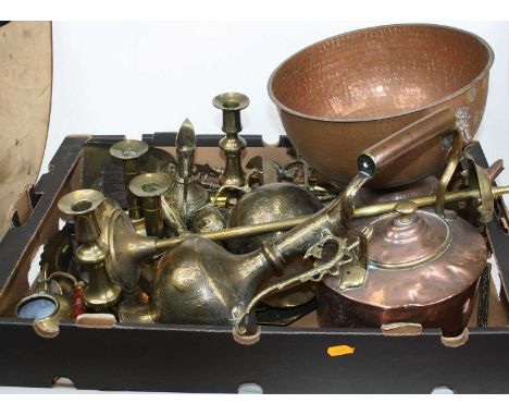 A box containing a collection of various metal wares to include a Victorian copper range kettle and a Victorian brass table c