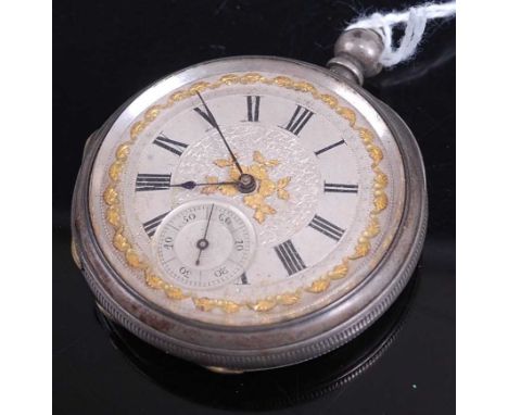A silver cased gent's open faced pocket watch, having engine turned case, two-tone dial, and keywind movement, dia.48mm