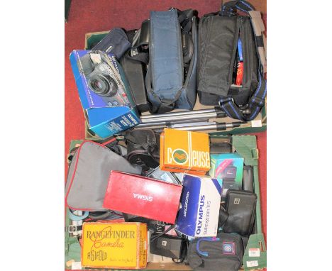 Two boxes of assorted cameras and accessories to include Amstrad Fidelity video camera, Panasonic video camera, Praktica 35mm