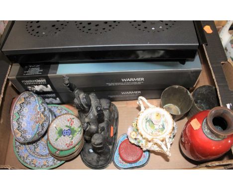 Miscellaneous items to include cloisonne enamel, Victorian floral encrusted urn, table top food warmers