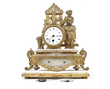 A 19th century French gilt metal and alabaster figural mantel clock, the enamelled dial showing Roman numerals, h.34cm