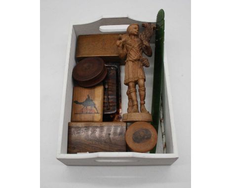 A collection of miscellaneous items, to include a Jerusalem olivewood playing card case, a Mauchlin ware apothecary jar and c