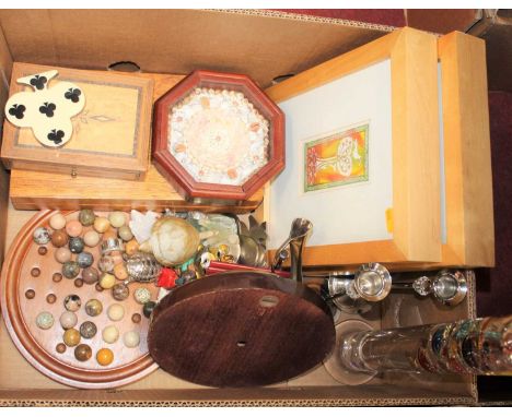 A box of miscellaneous items to include a Gallileo thermometer and a Solitaire board