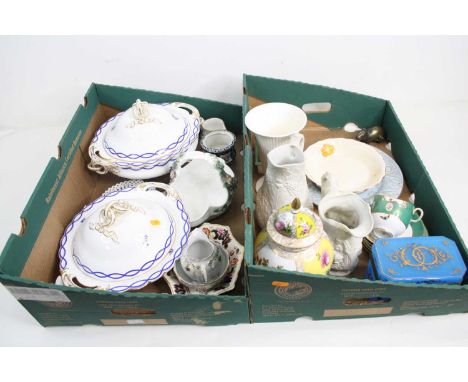 Two boxes of mixed ceramics, to include a Dresden porcelain vase, a 1935 Silver Jubilee Coronation caddy, further examples in