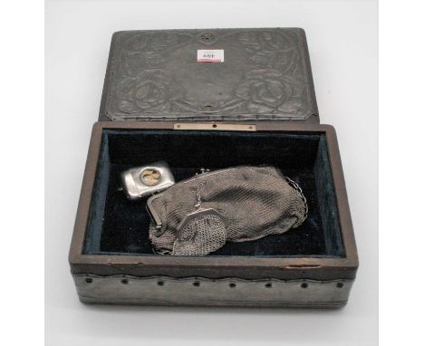 An Art Nouveau beech and pewter clad box, together with a nickel plated vesta with inset portrait, and an early 20th century 