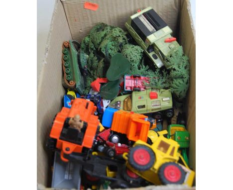 Three boxes of loose and playworn diecast toy vehicles, to include Matchbox Battlekings K111 missile launcher, Lone Star trac