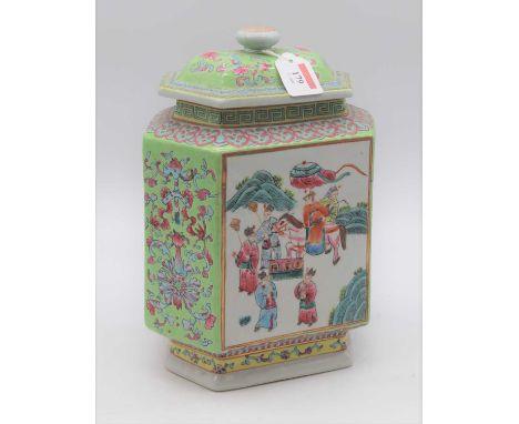 A Chinese stoneware jar and cover of hexagonal form, enamel decorated with figures in a mountain landscape, height 29cm