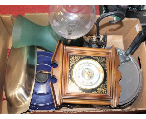 A box containing miscellaneous items to include a Chasseur enamel cast iron pot and a Victorian copper saucepan