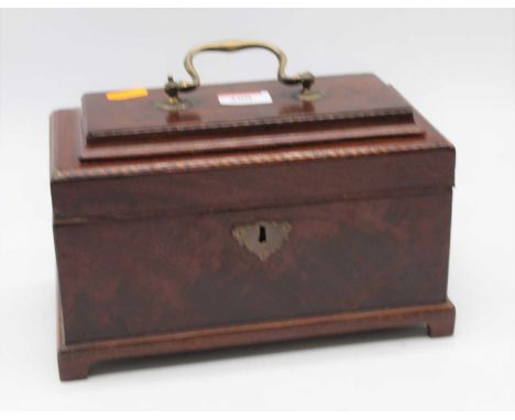 A George III mahogany and barber pole strung three compartment tea caddy, the cavetto moulded lid with brass swan neck handle