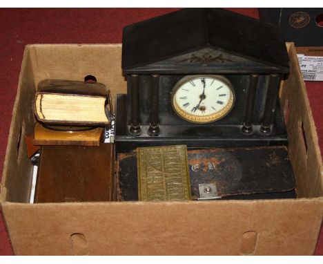 A box of various items to include a Victorian black slate mantel clock of architectural form, a mahogany box, a Smiths mantel