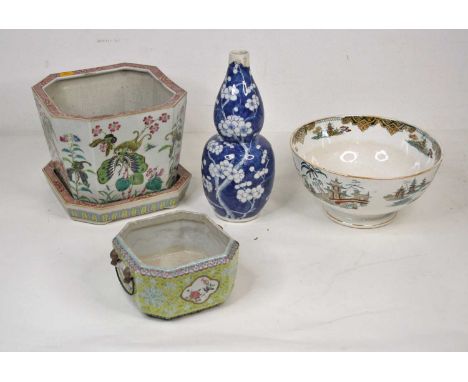 A Chinese stoneware jardiniere, enamel painted with butterflies (a/f) height 20cm, together with a Chinese double gourd vase 