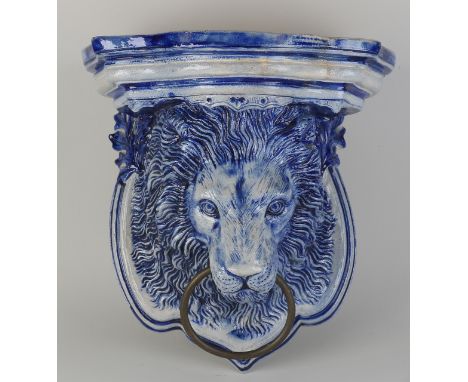 Large antique Westerwald stoneware wall console with lion's head and copper ring.&nbsp;Circa 1900. Dimensions: 28 x 25 x 22 c