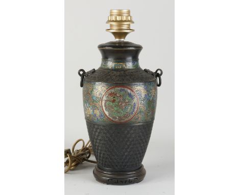 19th century Japanese cloisonne lamp base with dragon/phoenix decor.&nbsp;Dimensions: H 35 cm.&nbsp;In good condition.