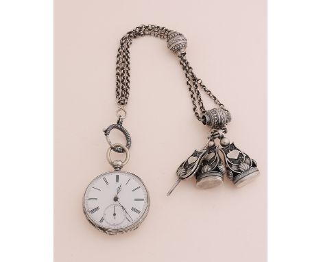 Silver men's pocket watch, 800/000, with key winding, with chatelaine, 833/000, Watch with white enamel plate and a back with