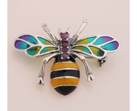 Silver brooch/pendant, 925/000, in the shape of a bee with a black and yellow enamelled body, decorated with rubies and ename