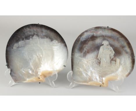 Two 19th century mother-of-pearl decorated shells with suspension.&nbsp;Holland, Scheveningen, Kurhaus + fisherman's wife in 