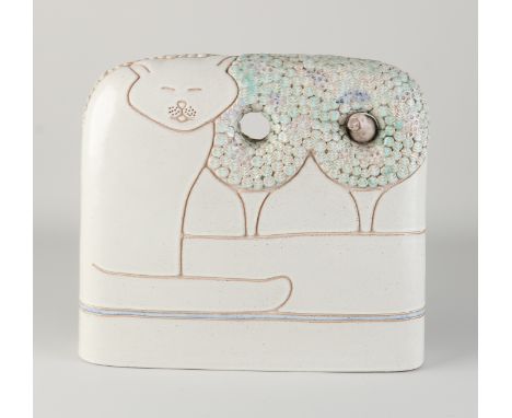 Ceramic sculpture by Ingrid Breuers, 1981. Bird in tree with cat.&nbsp;Dimensions: 26 x 28 x 6 cm.&nbsp;In good condition.