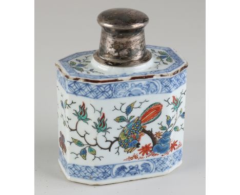 18th century Chinese porcelain tea caddy with parrot/butterfly decor.&nbsp;Edge glaze damage.&nbsp;Dimensions: 12.5 x 9 x 5.5