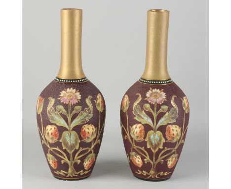 Two antique ceramic pipe vases with floral/gold decor.&nbsp;Circa 1910. Jugendstil.&nbsp;unnoticed.&nbsp;Dimensions: H 31 cm.