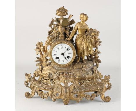 19th century French gilt composition metal mantel clock.&nbsp;Circa 1870. Eight-day movement, half-hourly strike and spring p