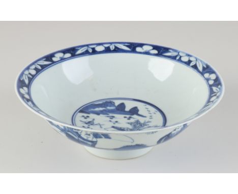 Large Chinese porcelain hooded bowl with figures in landscape decor.&nbsp;With double blue bottom ring.&nbsp;Minimal flake.&n