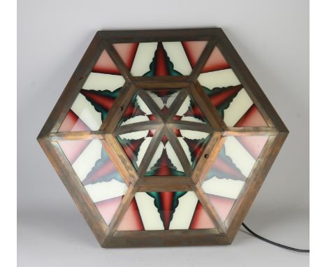 Large Amsterdam School Art Deco style ceiling lamp.&nbsp;Origin Hilton Hotel.&nbsp;Brass with rear glass painting.&nbsp;Dimen