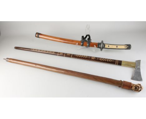 Japanese Katana (copy).&nbsp;Plus walking stick with meerschaum head and a South German walking stick with carved ax as handl