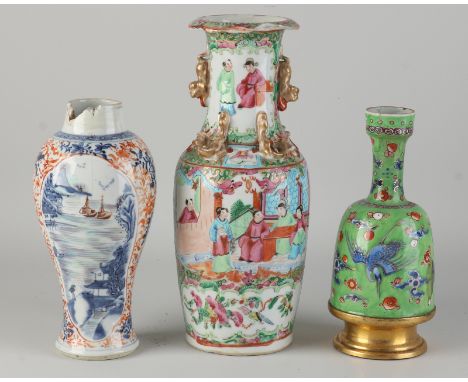 Three antique Chinese porcelain vases.&nbsp;(1) 18th - 19th century vase with floral/bird, green glass, on brass foot, top ed