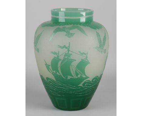 Jade-colored Carder Steuben design glass vase.&nbsp;Shape 5000. Decor Galleon.&nbsp;Jade etched over alabaster.&nbsp;Frederic