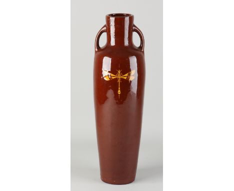 Chris van der Hoeff.&nbsp;Large antique Amstelhoek Amsterdam Holland ceramic vase with ears, brown glaze + dragonfly.&nbsp;Ar