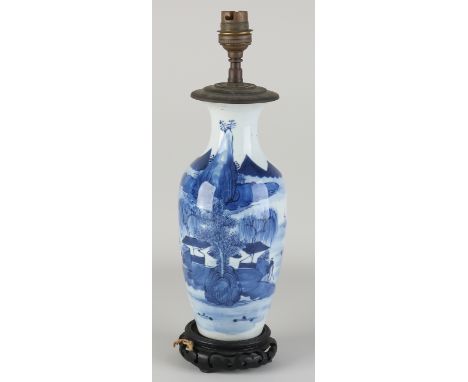 Antique Chinese porcelain lamp base with landscape decor.&nbsp;Dimensions: 22 - 34 cm.&nbsp;In good condition.