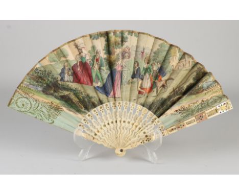 Antique bone fan with hand-colored engravings + mother-of-pearl.&nbsp;19th century.&nbsp;Dimensions: 37.5 x 21.5 cm.&nbsp;In 
